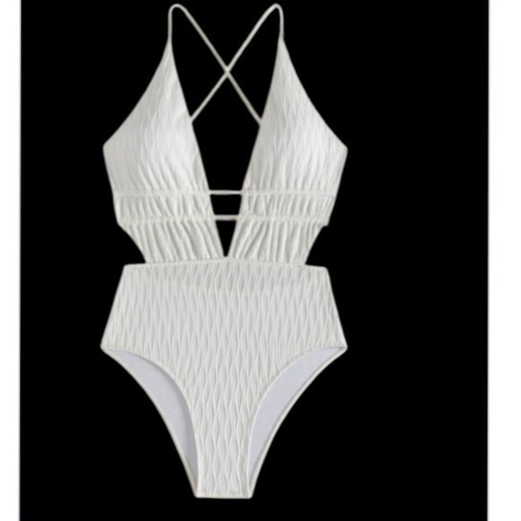 White One Piece Swimsuit Cut‎ Out Criss Cross Backless Size S - Picture 1 of 7